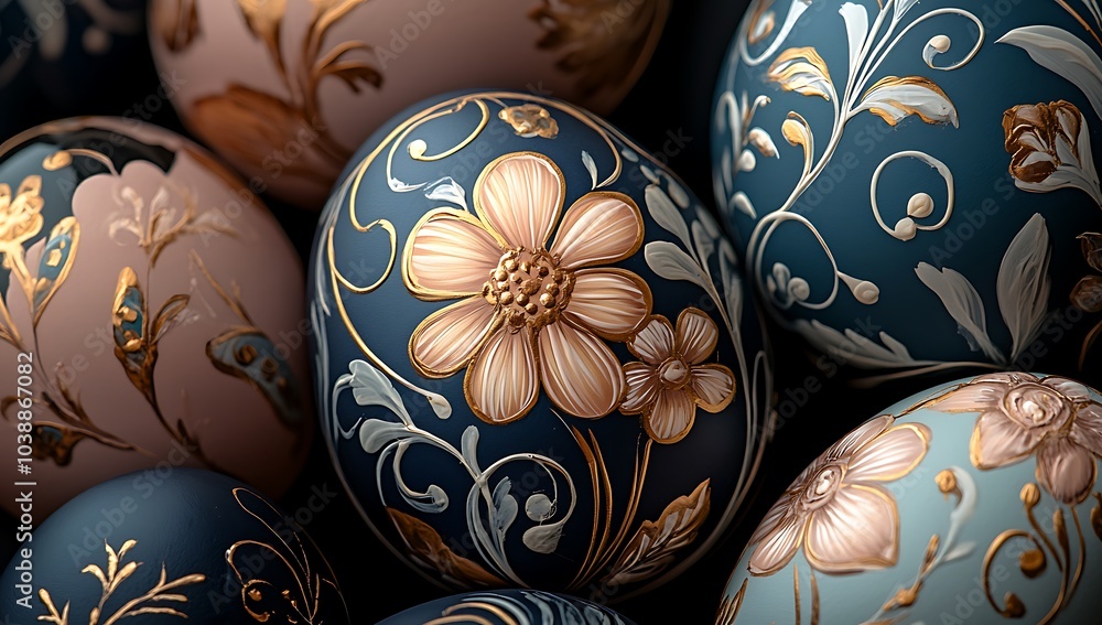 A Close-Up collection of painted Easter Eggs with floral Patterns. The eggs are of different colors and sizes and they are arranged in a way that creates a visually appealing display. AI generated A Close-Up collection of painted Easter Eggs with floral Patterns. The eggs are of different colors and sizes and they are arranged in a way that creates a visually appealing display. AI generated
