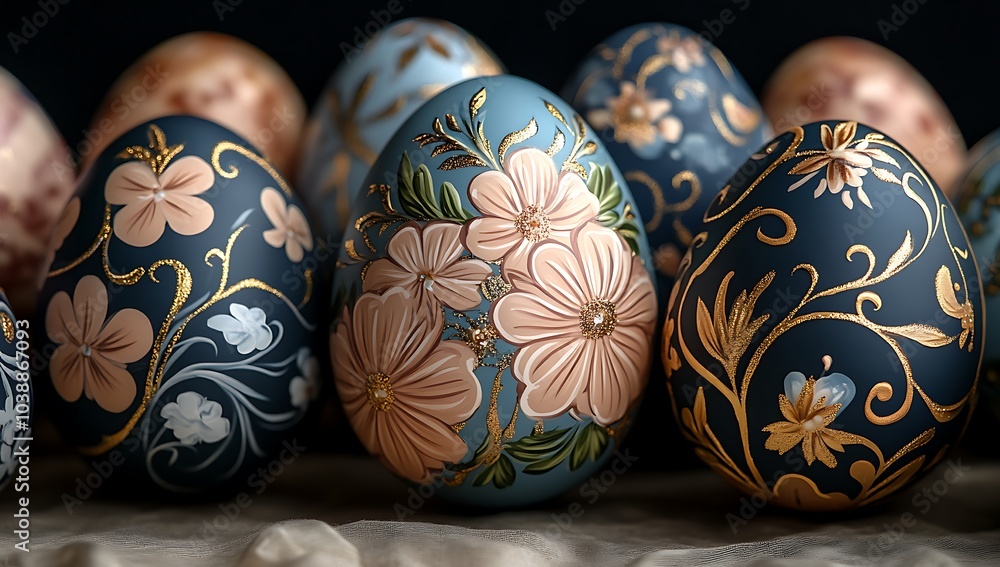 A Close-Up collection of painted Easter Eggs with floral Patterns. The eggs are of different colors and sizes and they are arranged in a way that creates a visually appealing display. AI generated A Close-Up collection of painted Easter Eggs with floral Patterns. The eggs are of different colors and sizes and they are arranged in a way that creates a visually appealing display. AI generated