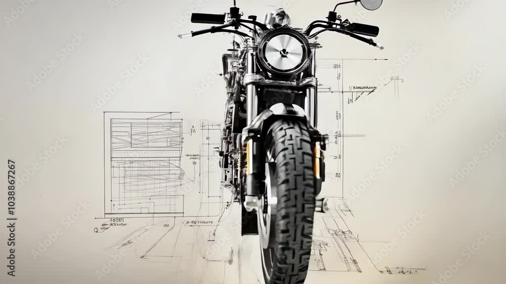 A hand-drawn technical blueprint of a motorcycle, featuring annotated parts and measurements, highlighting the complex engineering and mechanical design of the vehicle.