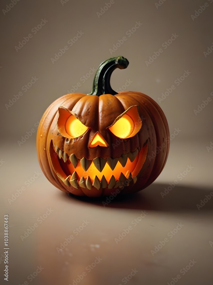 Calabaza tallada con una expresión feroz y dientes afilados, iluminada desde dentro, ideal para evocar el espíritu aterrador de Halloween. Calabaza tallada con una expresión feroz y dientes afilados, iluminada desde dentro, ideal para evocar el espíritu aterrador de Halloween.