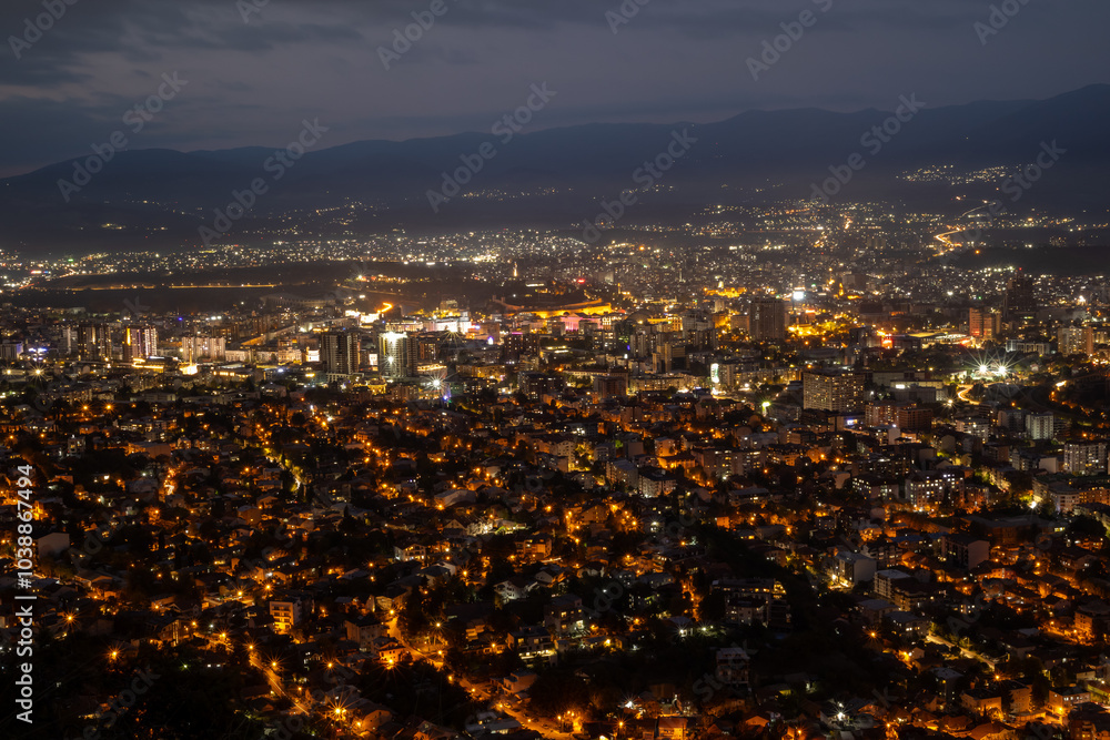 Night city panorama with illuminated buildings. Aerial view of a modern city at night. Night panorama urban silhouettes, a symphony of lights. The city seen from above.