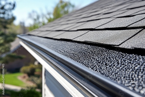 Gutter guard system with gray vinyl siding and drip edge on a sloped roof in a high end American neighborhood photo