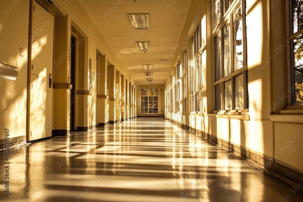 Naklejka premium Sunlit hospital corridor with long shadows and clean white walls