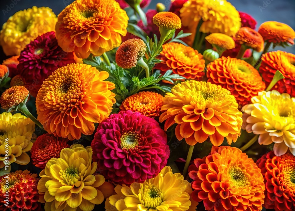 Brighten your space with a stunning marigold and chrysanthemum arrangement, perfect for adding vibrant color to any event or floral decor style. Embrace the beauty! Brighten your space with a stunning marigold and chrysanthemum arrangement, perfect for adding vibrant color to any event or floral decor style. Embrace the beauty!
