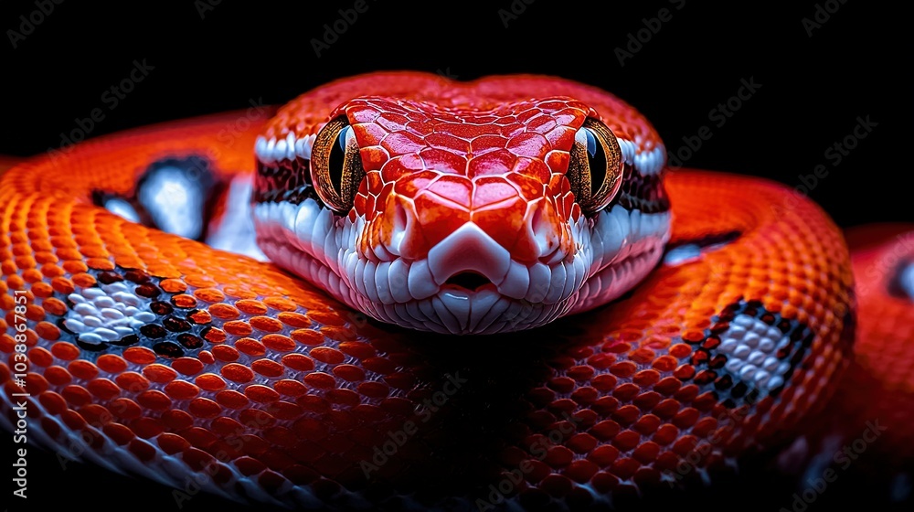 Obraz premium A close-up of a red snake's head, featuring black and white patterns on its body
