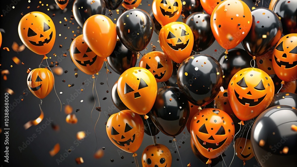 Naklejka premium Celebrate Halloween with black and orange balloons and confetti, perfect for transforming your space into a spooky, festive atmosphere for an unforgettable October bash.