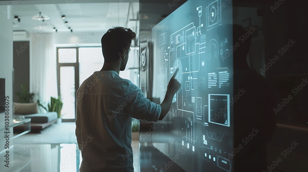 Futuristic touchscreen interface on a wall in a smart home with AI features Futuristic touchscreen interface on a wall in a smart home with AI features
