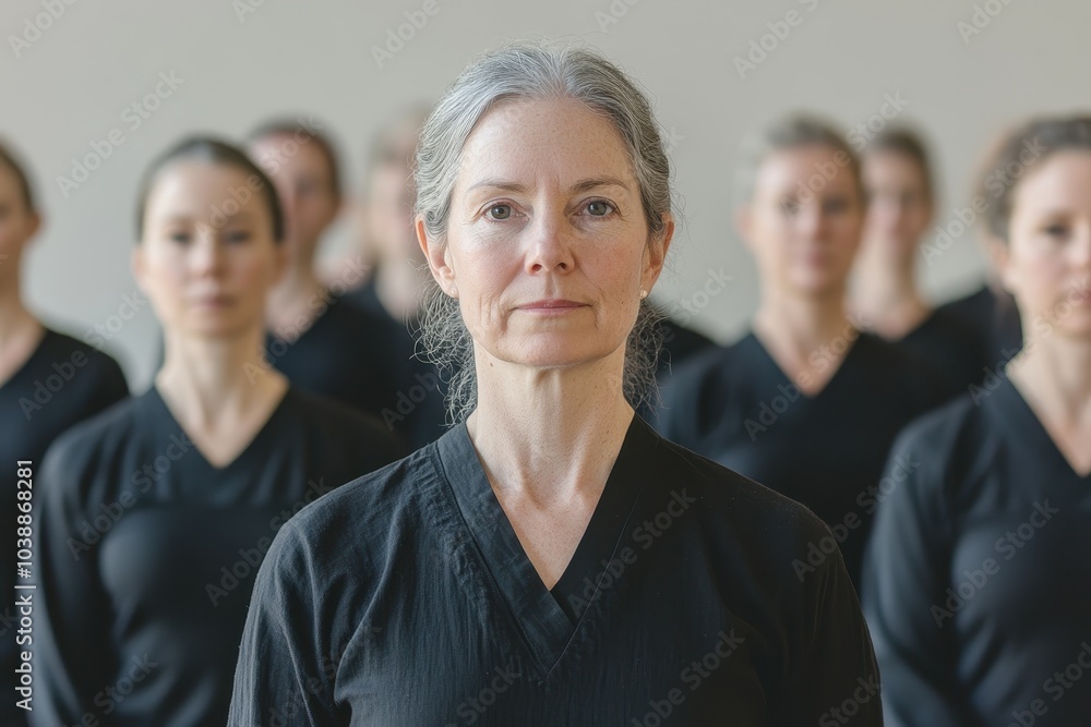 Head on image of focused Caucasian women in a Qi gong class Head on image of focused Caucasian women in a Qi gong class