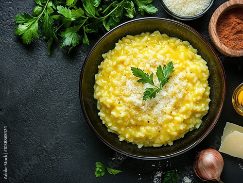 Risotto alla Milanese. The most popular Italian dishes. Creamy, golden rice dish, often garnished with parsley. Composition: Arborio rice, saffron, broth, onion, white wine, Parmesan cheese.