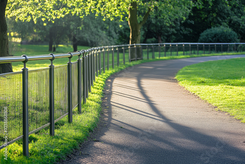 Serene park pathway lined with metal railings, bathed in sunlight, creating a peaceful setting 