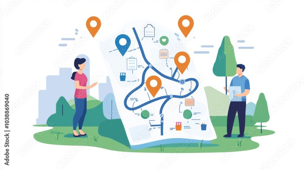A couple exploring a detailed map with location markers in a park, symbolizing navigation and outdoor adventure. A couple exploring a detailed map with location markers in a park, symbolizing navigation and outdoor adventure.