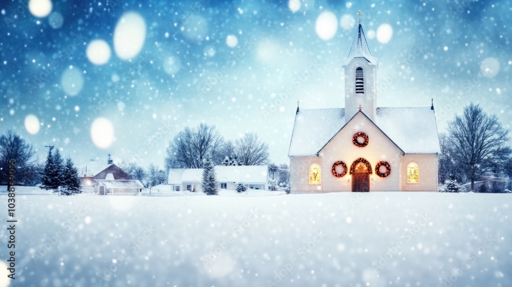 Snowy winter church scene with festive wreaths and christmas lights