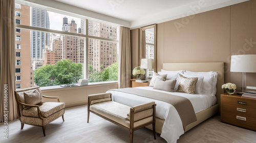 Serene bedroom setup with a neutral color scheme, floor-to-ceiling windows, and no visible clutter