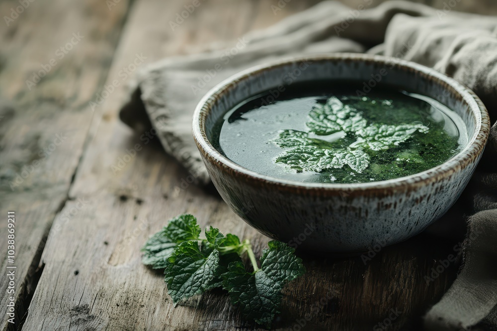 Healthy vegan nettle soup in a bowl on a wooden table Healthy vegan nettle soup in a bowl on a wooden table