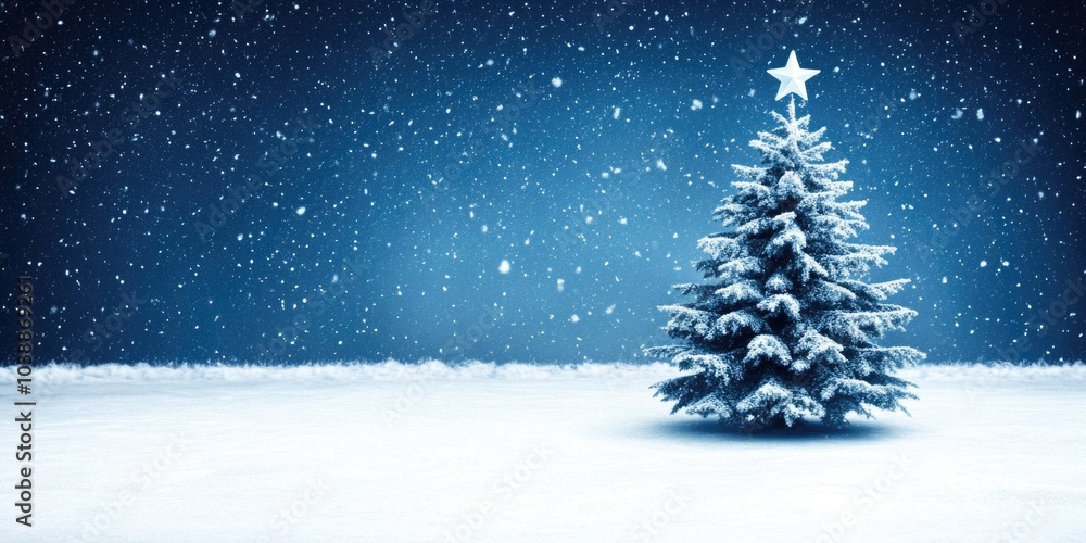 Snow-covered christmas tree with star in peaceful winter wonderland Snow-covered christmas tree with star in peaceful winter wonderland