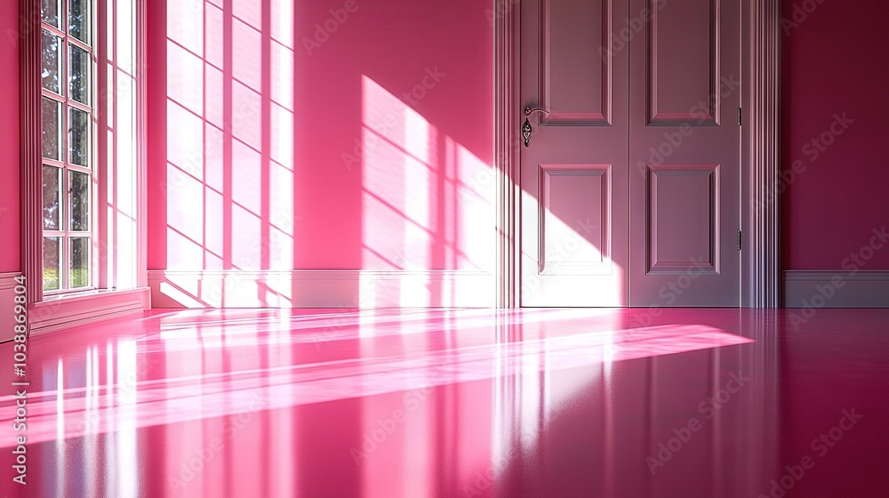 A pink room with white doors, pink walls, and floors A pink room with white doors, pink walls, and floors