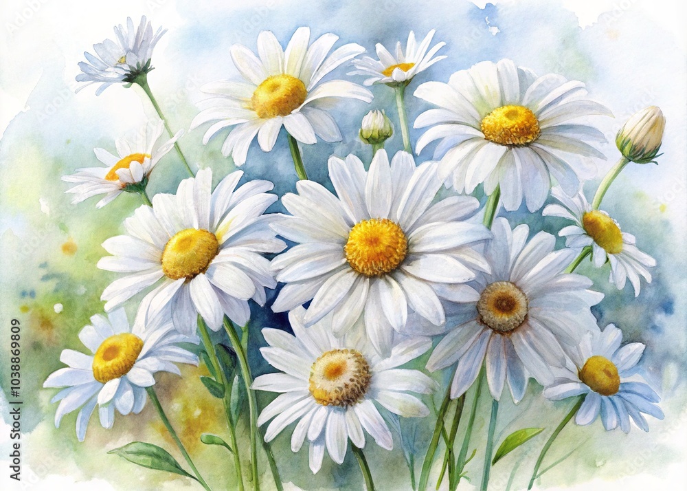 Delicate white daisies painted in watercolor embody nature's tranquility, showcasing their beauty with vibrant yellow centers set against a pristine white backdrop. Delicate white daisies painted in watercolor embody nature's tranquility, showcasing their beauty with vibrant yellow centers set against a pristine white backdrop.