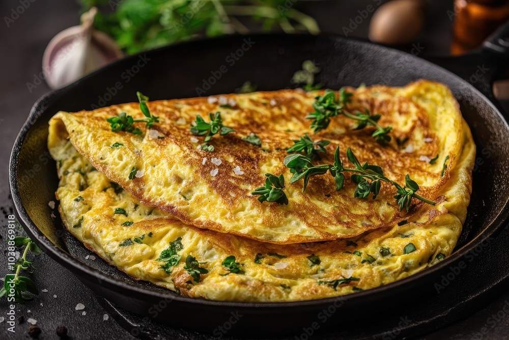 Herb filled spring omelet cooked in a cast iron skillet Herb filled spring omelet cooked in a cast iron skillet