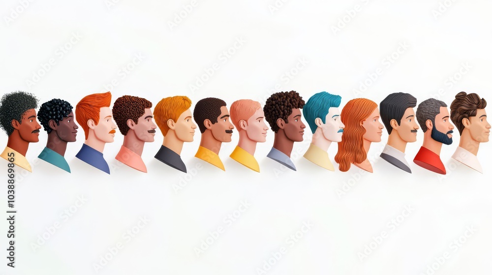 Obraz premium Diverse profile illustrations representing various hairstyles and colors against a clean background, showcasing individuality.