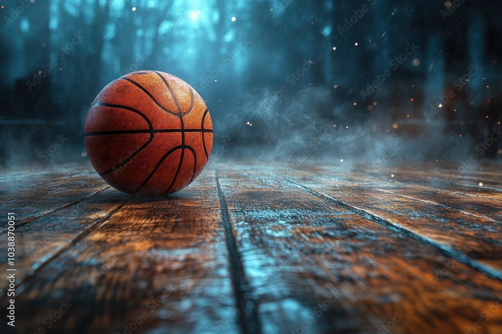 A basketball resting on wooden floor surrounded by mist in a dimly lit indoor court A basketball resting on wooden floor surrounded by mist in a dimly lit indoor court