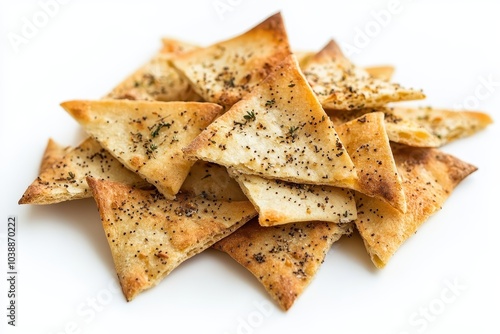 Herbed crunchy tortilla fragments and spicy pita snacks on a white background photo