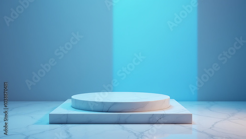 Minimalist marble pedestal features subtle veining under neon blue trends text. photo