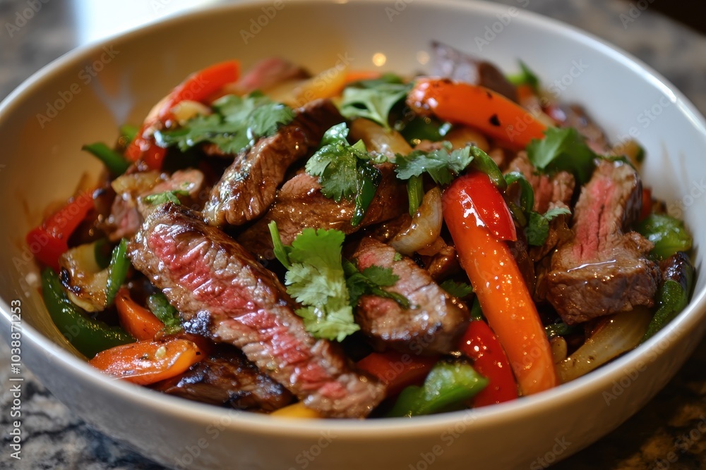 Homemade beef stir fry featuring flank steak fresh veggies and cilantro Homemade beef stir fry featuring flank steak fresh veggies and cilantro
