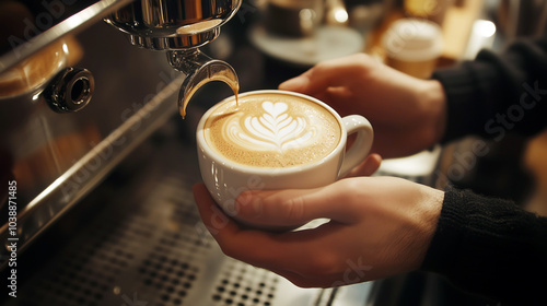 Barista crafting beautiful latte art in a cozy coffee shop environment