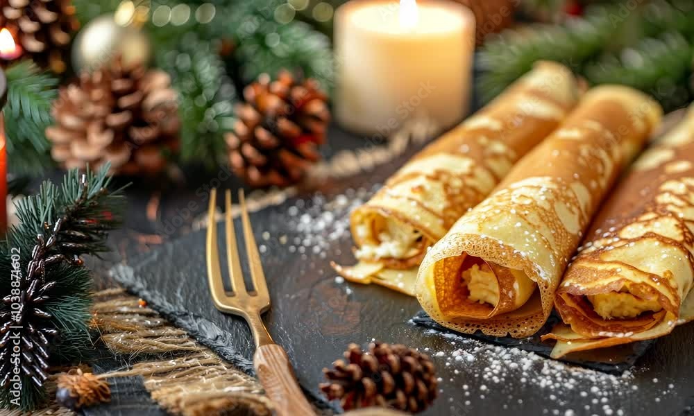 Delicious holiday pancakes served on a rustic platter with festive decor and candlelight Delicious holiday pancakes served on a rustic platter with festive decor and candlelight