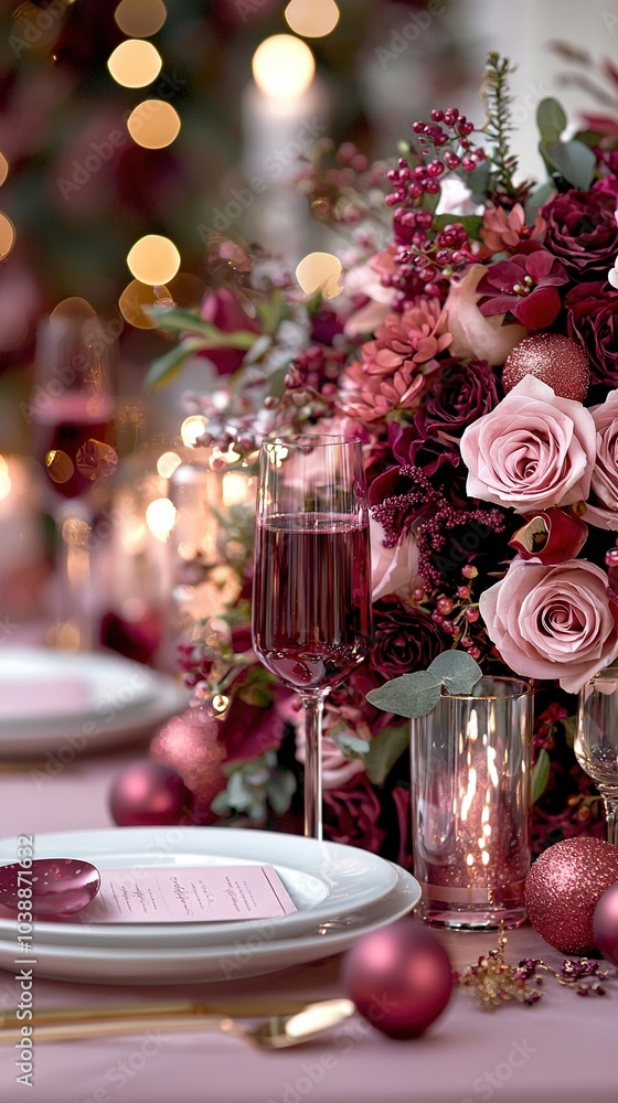 A zoomed-in photo of a wooden table with a vase containing red roses and a glass filled with sparkling white wine on top A zoomed-in photo of a wooden table with a vase containing red roses and a glass filled with sparkling white wine on top