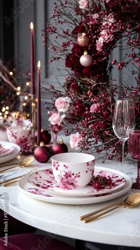  A plate with cup & saucer on a table, Christmas tree in background