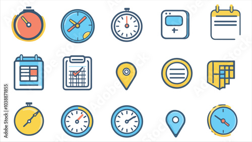 Time, date and address line icon set. Clock, calendar, location pin. Editable stroke. Vector illustration.