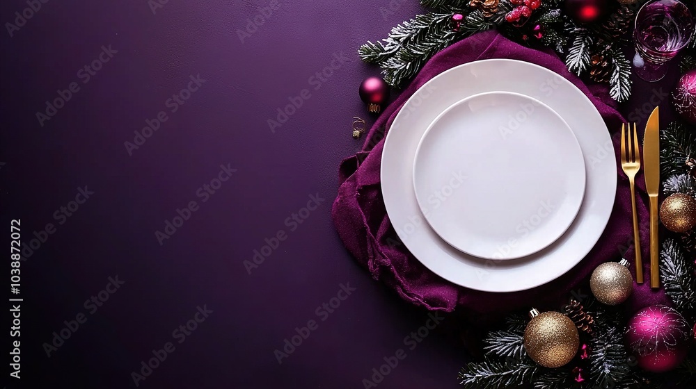 A white plate atop a purple tablecloth, with a fork and knife beside it A white plate atop a purple tablecloth, with a fork and knife beside it