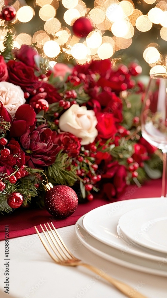 A festive table for a holiday feast, adorned with red and white blooms, lush greenery, sparkling silverware, and flickering candlesticks A festive table for a holiday feast, adorned with red and white blooms, lush greenery, sparkling silverware, and flickering candlesticks