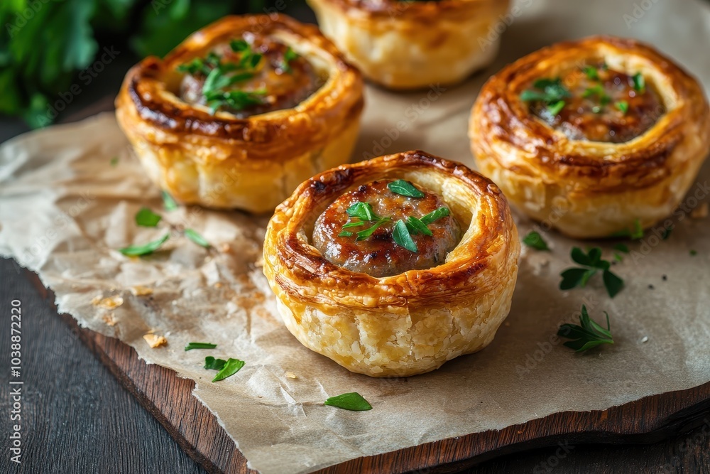 Homemade mini sausage pie in pastry on a wooden surface Homemade mini sausage pie in pastry on a wooden surface