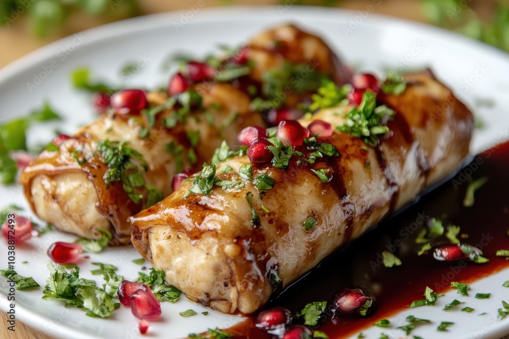 Homemade Musakhan chicken rolls drizzled with pomegranate molasses on a white plate against a blurred backdrop Homemade Musakhan chicken rolls drizzled with pomegranate molasses on a white plate against a blurred backdrop