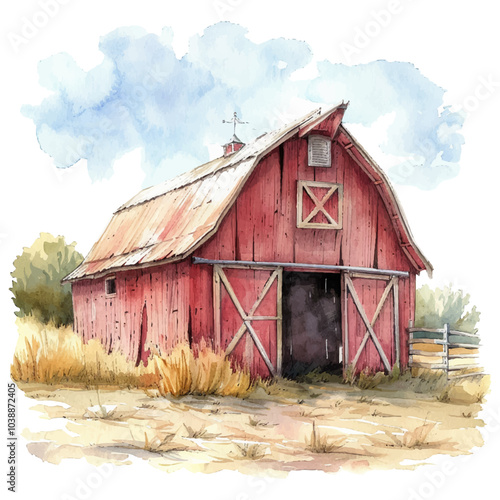 barn lanscape vector illustration in watercolor style