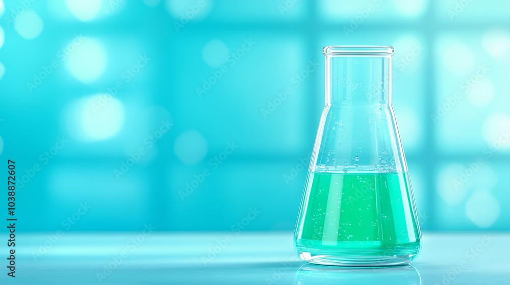 Bright green liquid in a laboratory flask on a table with a blurred blue background Bright green liquid in a laboratory flask on a table with a blurred blue background