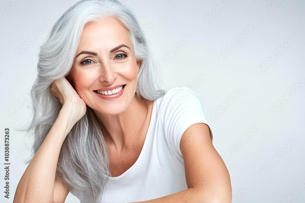 Smiling senior woman with gray hair, sitting casually in a white shirt, exuding confidence and natural beauty Smiling senior woman with gray hair, sitting casually in a white shirt, exuding confidence and natural beauty