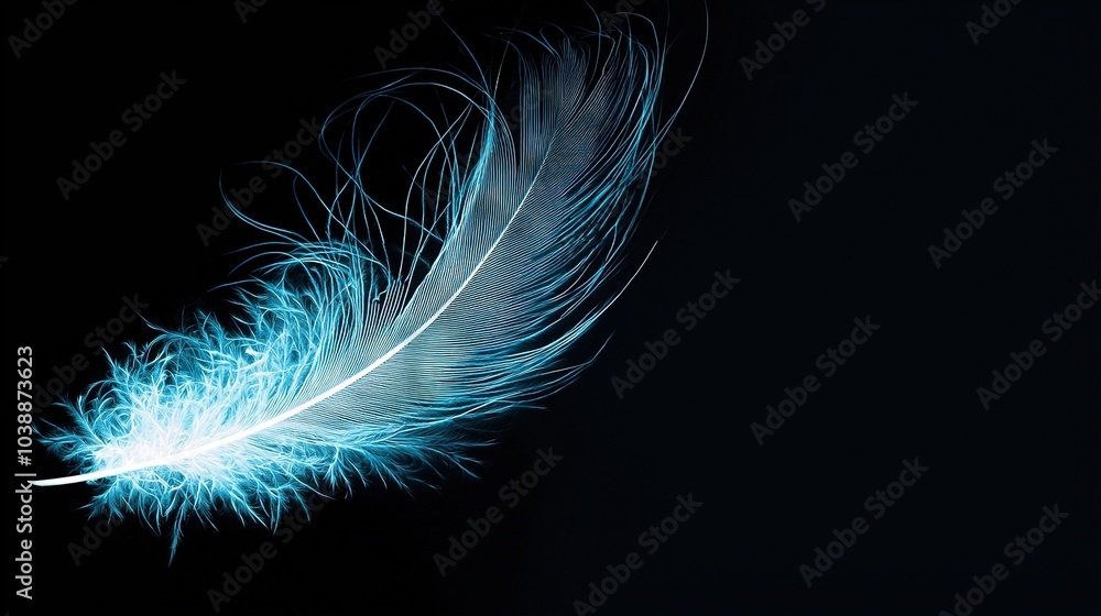 Naklejka premium Blue feather on black background blurred bird's tail