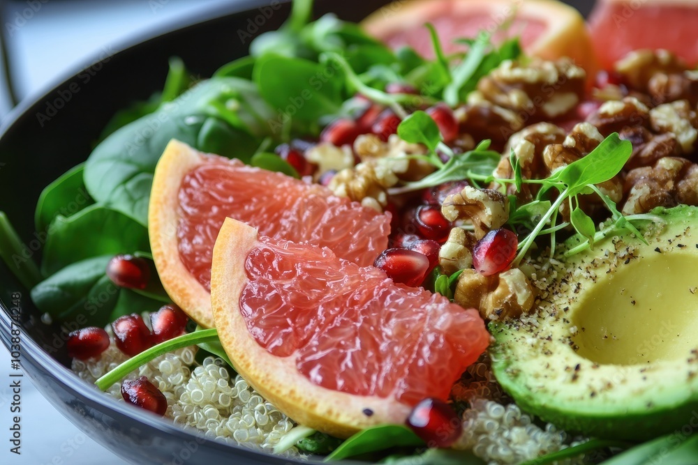 Homemade winter vegan salad with quinoa spinach avocado grapefruit pomegranate nuts and microgreens trendy dish Homemade winter vegan salad with quinoa spinach avocado grapefruit pomegranate nuts and microgreens trendy dish