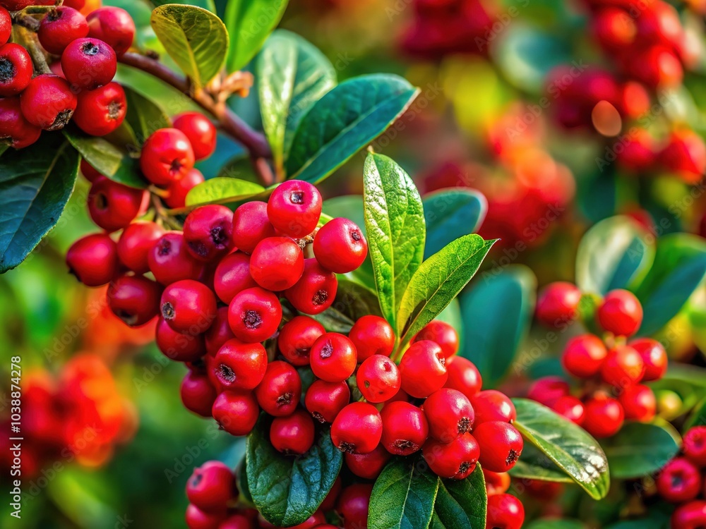 Obraz premium Lush branches adorned with vibrant berries and fresh green leaves, perfect for capturing the essence of nature in seasonal photography and botanical themes.