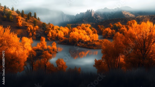 Fototapeta Naklejka Na Ścianę i Meble -  fall landscape, digital photography, fall colors, rich colors, light mist, epic