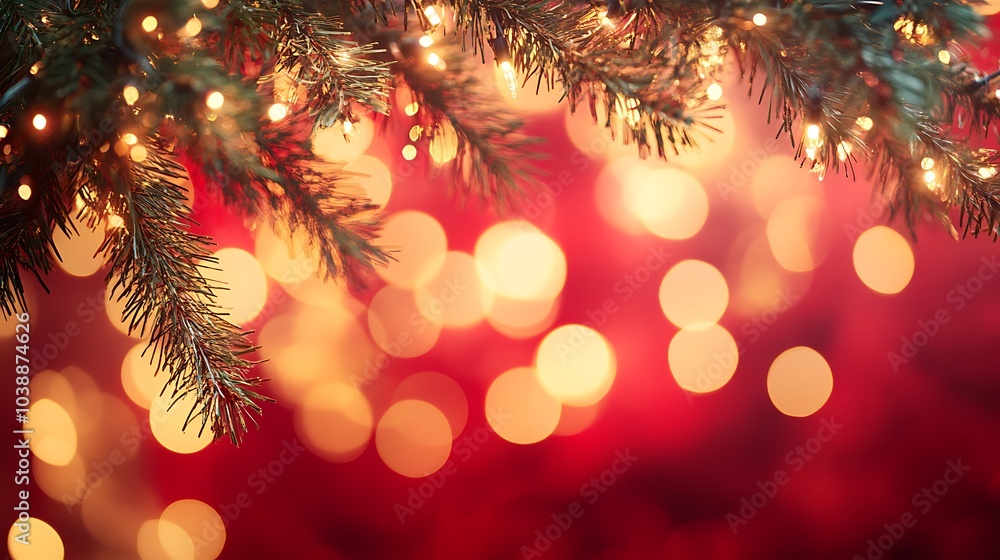 Obraz premium A glowing festive frame with pine branches and soft golden bokeh lights on a vibrant red holiday backdrop.