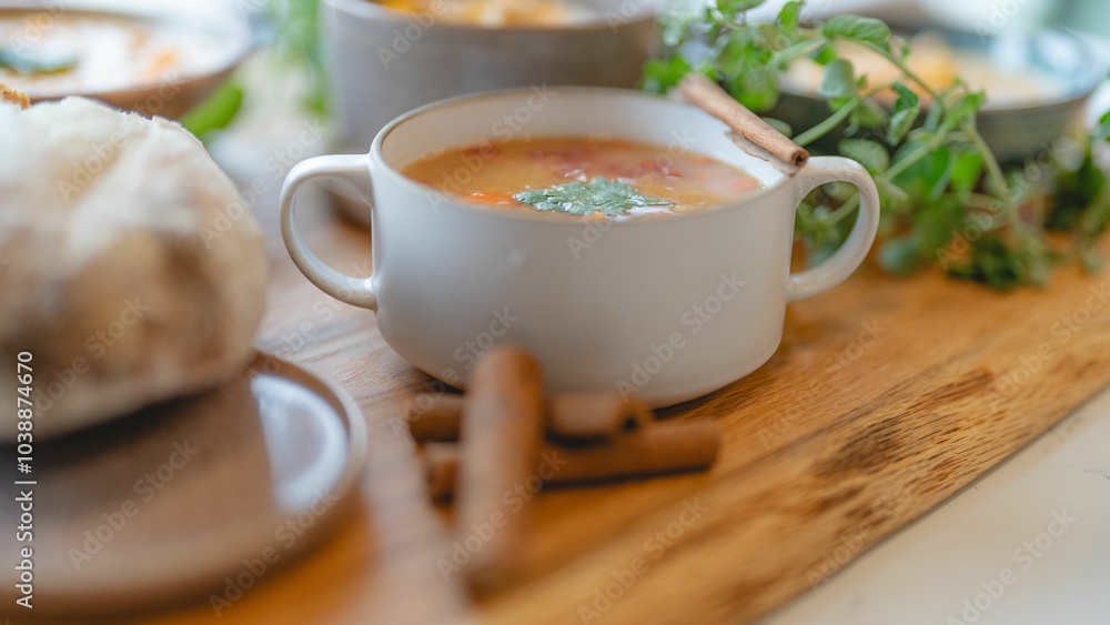 Soup with bread and some greens on wooden surface Soup with bread and some greens on wooden surface