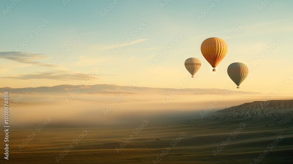 Fototapeta premium Three hot air balloons soaring in the foggy morning over a mountain range with low-lying clouds in the foreground