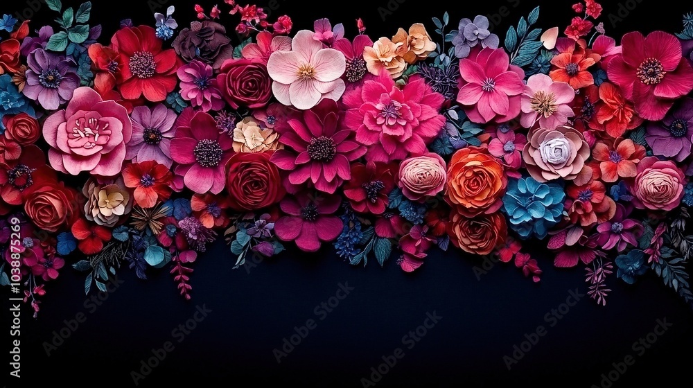 red, pink, and blue flowers in sharp focus against a black background red, pink, and blue flowers in sharp focus against a black background