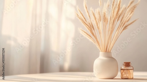 A serene arrangement featuring dried plants in a vase and a small glass container.