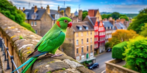 Roseringed Parakeet Perched on Historic Wall of Old Building in Vibrant Urban Setting, Showcasing Nature and Architecture Harmony photo