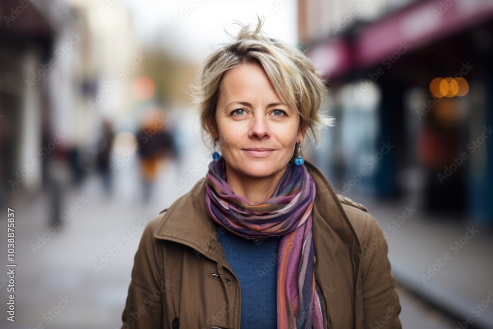Portrait of a beautiful middle aged woman with short hair in the city Portrait of a beautiful middle aged woman with short hair in the city